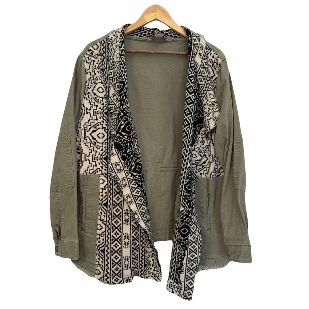 Natural Reflections Boho Aztec Jacket XL Olive Green Tribal Open Front Shacket